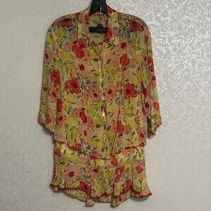 Putumayo Vintage Yellow Floral Print 2 Piece Skirt & Button Up Blouse Top‎ Set M
